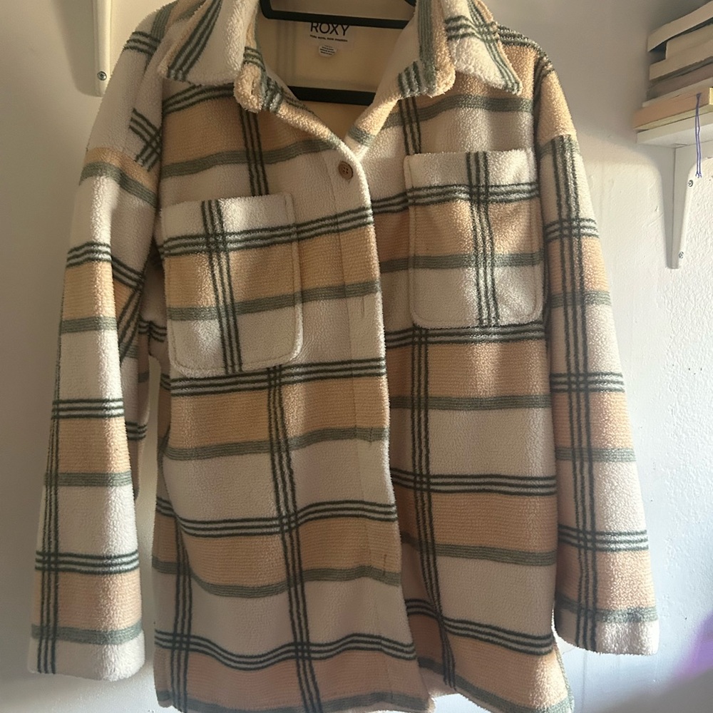 Roxy Cream, Beige & Green Plaid Teddy Shacket